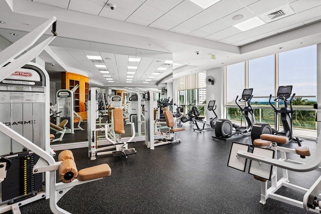 exercise room with a paneled ceiling, floor to ceiling windows, and visible vents