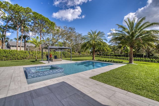 view of swimming pool with an in ground hot tub, a patio, and a lawn