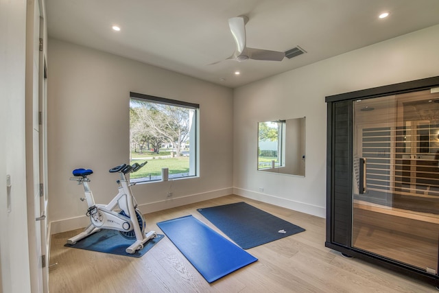 exercise room featuring ceiling fan and light hardwood / wood-style flooring