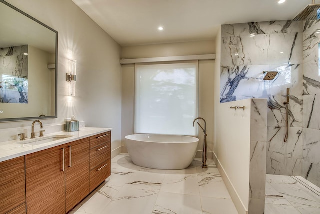 bathroom with vanity and plus walk in shower