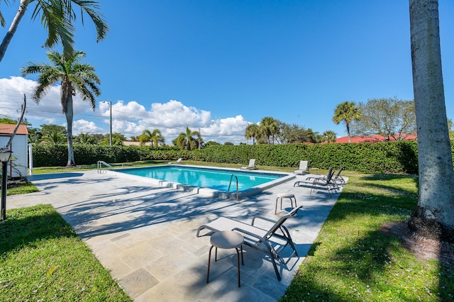 view of swimming pool with a patio and a yard