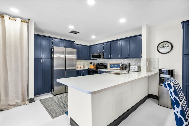 kitchen featuring appliances with stainless steel finishes, tasteful backsplash, sink, kitchen peninsula, and blue cabinetry