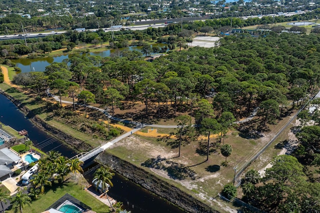 aerial view featuring a water view