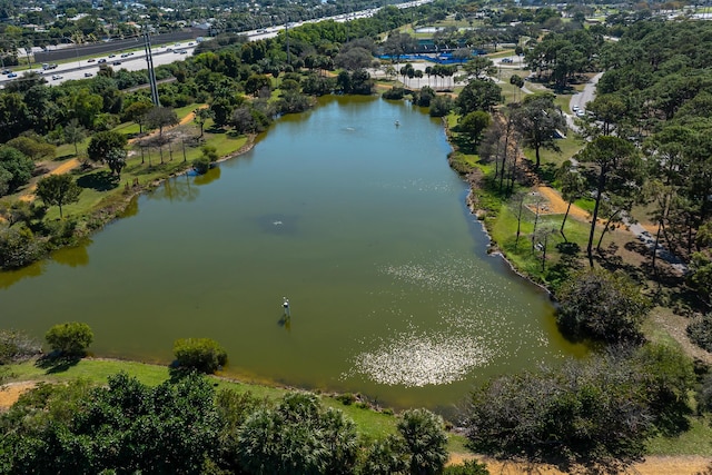 birds eye view of property featuring a water view