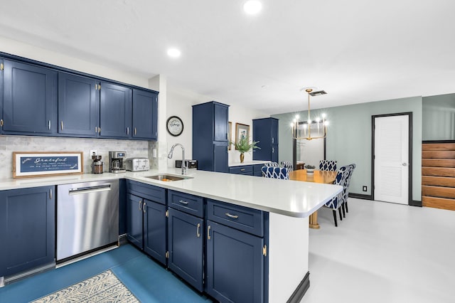 kitchen with decorative light fixtures, dishwasher, sink, kitchen peninsula, and blue cabinetry