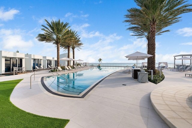 view of swimming pool featuring a patio area