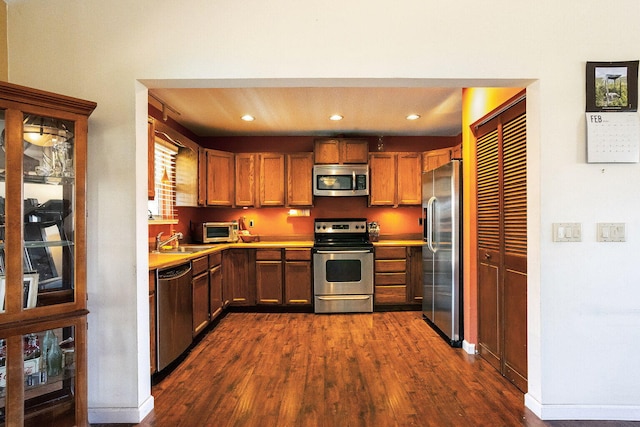 kitchen featuring dark wood-type flooring, stainless steel appliances, and sink