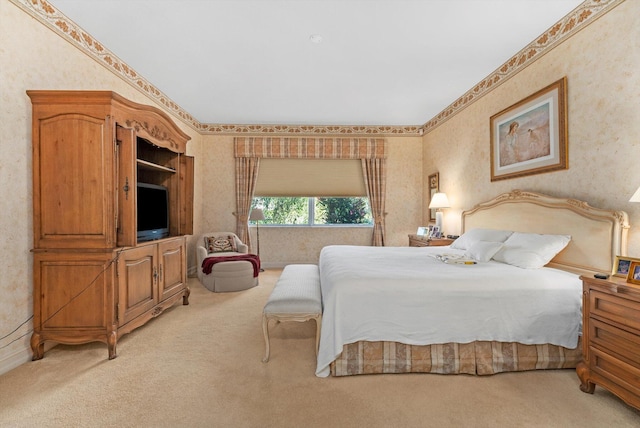 bedroom featuring light colored carpet