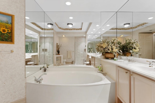 bathroom featuring a washtub, vanity, and toilet