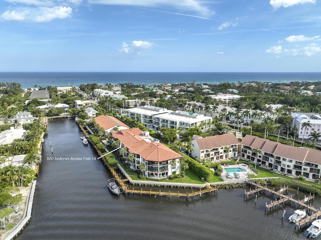 drone / aerial view featuring a water view