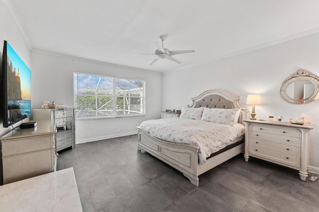 bedroom featuring ceiling fan, baseboards, and ornamental molding