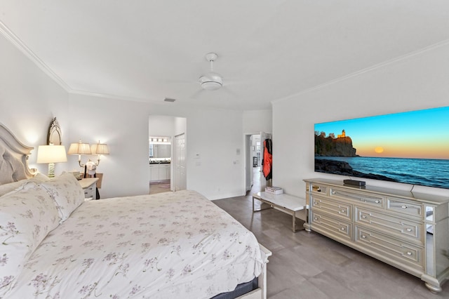 bedroom with ensuite bathroom, visible vents, and crown molding