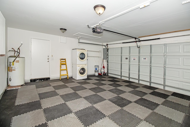 garage featuring stacked washer and dryer, a garage door opener, electric panel, and water heater