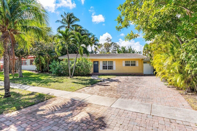 single story home featuring a front lawn