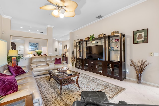 tiled living room with ornamental molding