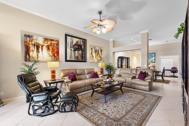 living room featuring ornamental molding, ceiling fan, and light tile patterned flooring