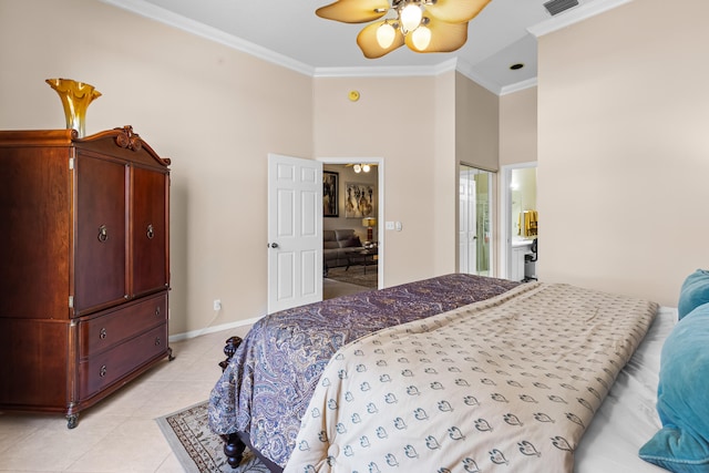 bedroom featuring a high ceiling, ornamental molding, light tile patterned floors, and ensuite bathroom