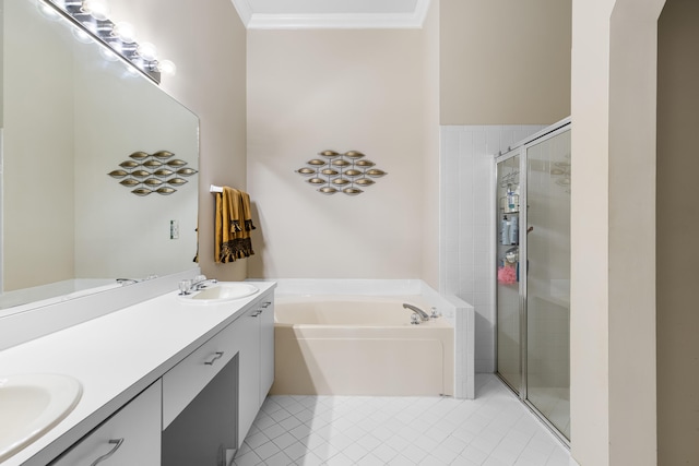 bathroom featuring ornamental molding, vanity, plus walk in shower, and tile patterned flooring