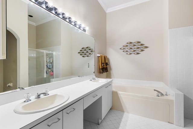 bathroom featuring vanity, crown molding, tile patterned floors, and separate shower and tub