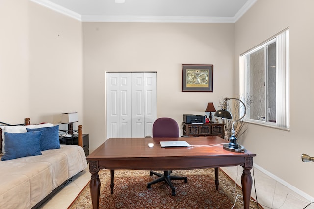 office space with crown molding and tile patterned floors