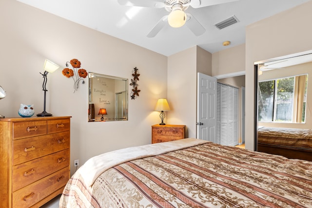 bedroom featuring ceiling fan and a closet