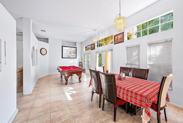 dining area featuring light tile patterned floors, billiards, and french doors