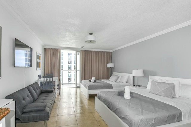 tiled bedroom featuring crown molding, floor to ceiling windows, and a textured ceiling