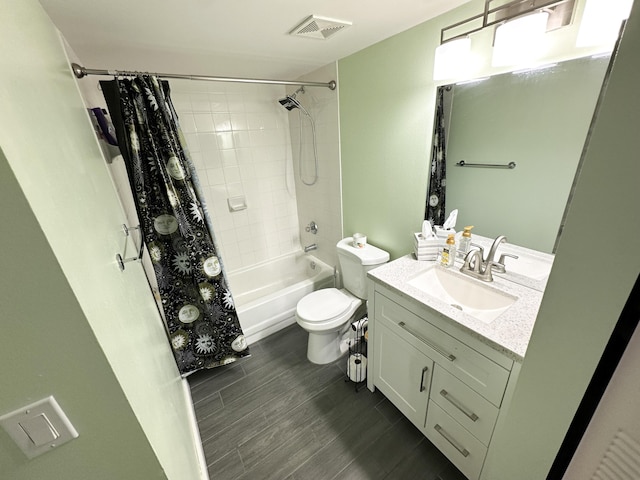 full bathroom featuring vanity, toilet, wood-type flooring, and shower / bath combo with shower curtain