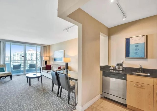 kitchen with sink, floor to ceiling windows, track lighting, stainless steel dishwasher, and light brown cabinets