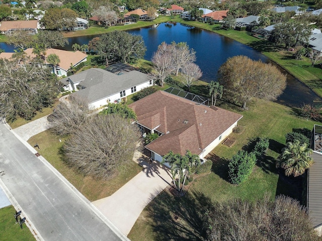 aerial view featuring a water view