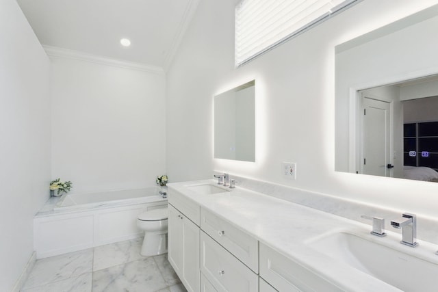 bathroom with crown molding, a tub to relax in, vanity, and toilet