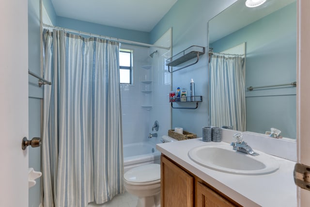 full bathroom featuring vanity, shower / bath combo, and toilet