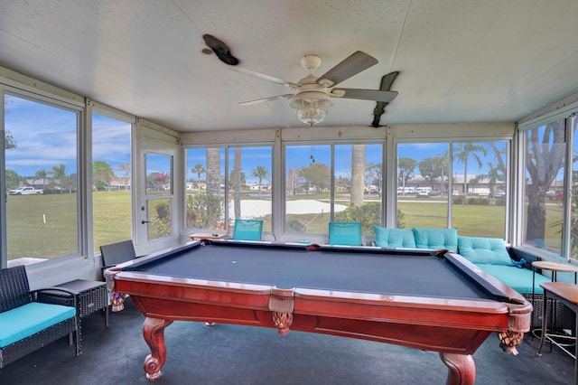 playroom with carpet floors, billiards, and a ceiling fan