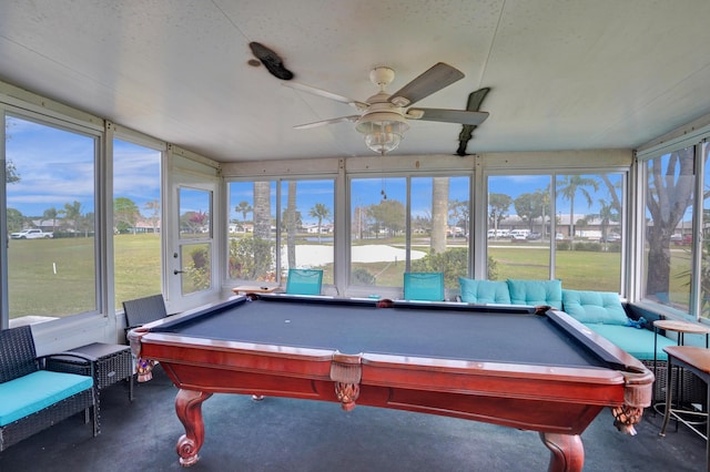 playroom featuring a ceiling fan, billiards, and finished concrete floors