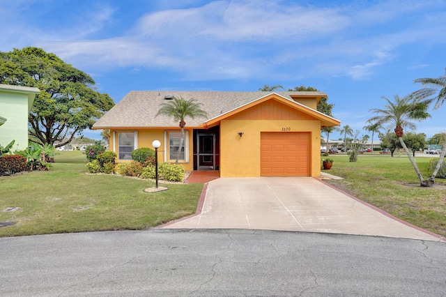 single story home featuring a front lawn, concrete driveway, an attached garage, stucco siding, and roof with shingles