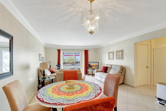 dining area with an inviting chandelier, crown molding, and light tile patterned floors