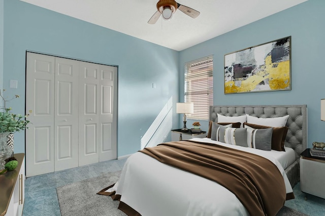 bedroom with light carpet, a closet, and ceiling fan