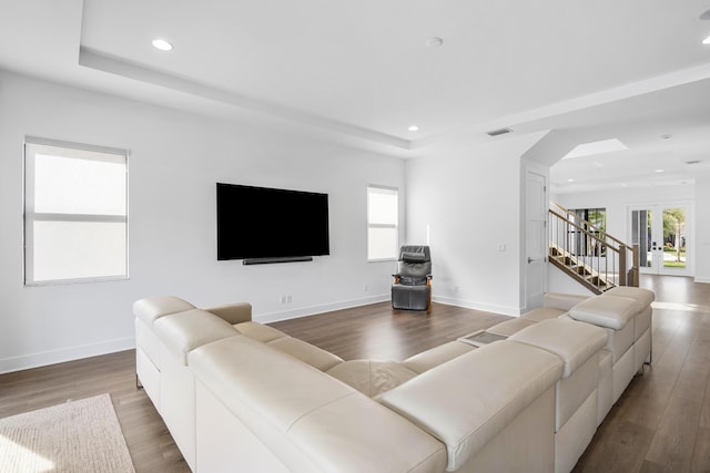 living room featuring hardwood / wood-style flooring, a raised ceiling, and a healthy amount of sunlight