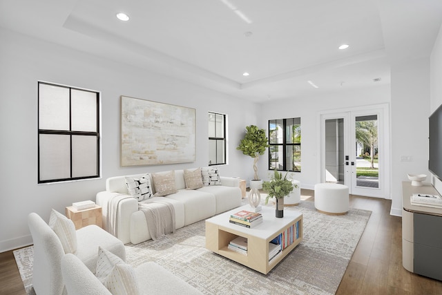 living room featuring hardwood / wood-style flooring, a tray ceiling, and french doors