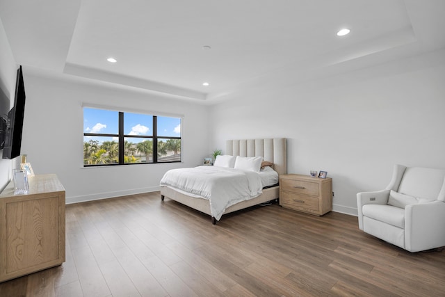 bedroom with dark hardwood / wood-style flooring and a tray ceiling