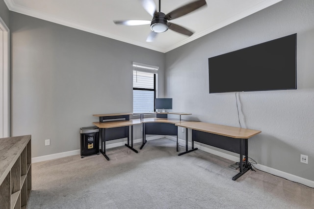 office with ceiling fan, ornamental molding, and light carpet