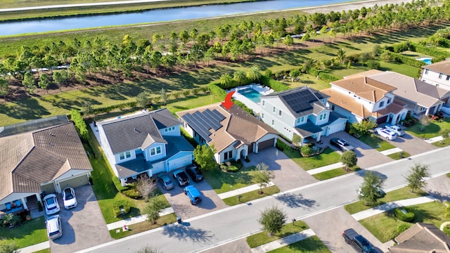 aerial view featuring a water view