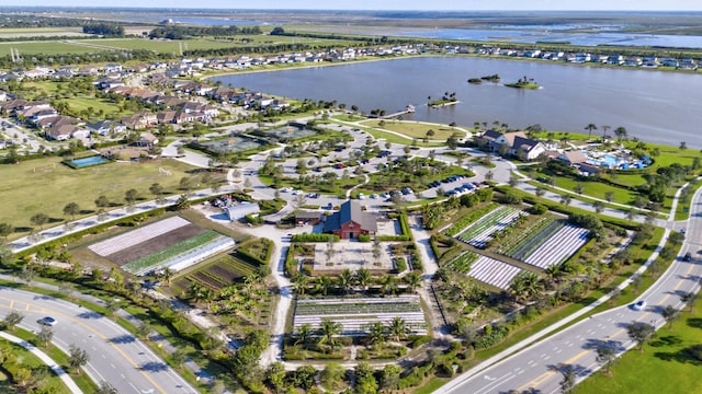 bird's eye view with a water view