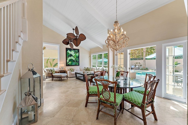 dining room with an inviting chandelier, wood ceiling, beam ceiling, and high vaulted ceiling