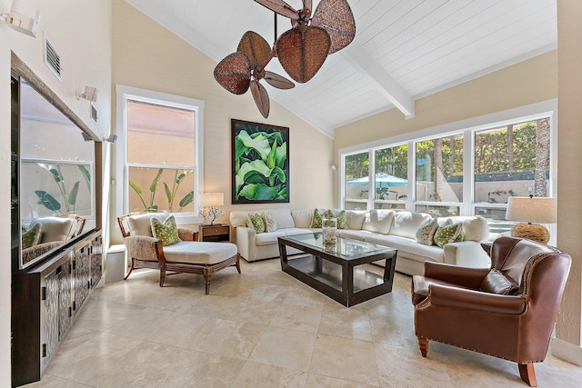 sunroom with wood ceiling, lofted ceiling with beams, and ceiling fan