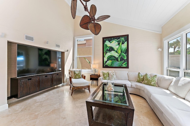 living room featuring wood ceiling, ceiling fan, and vaulted ceiling with beams