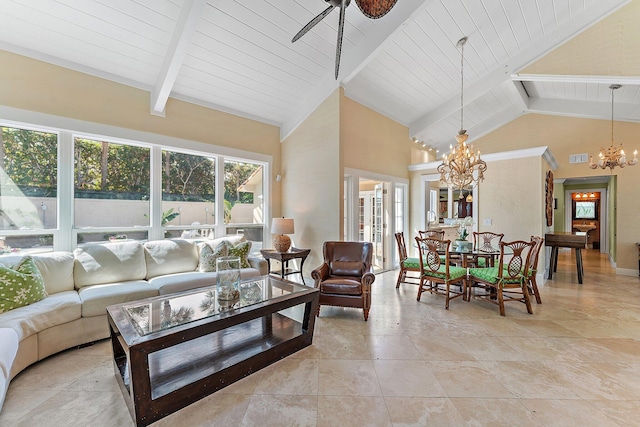 living room with beam ceiling, ceiling fan with notable chandelier, and high vaulted ceiling