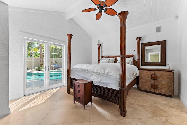 bedroom featuring vaulted ceiling with beams, light tile patterned floors, access to exterior, ceiling fan, and french doors