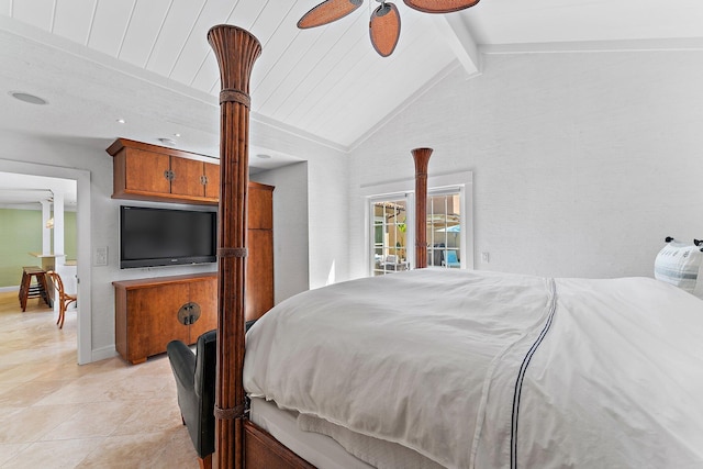 tiled bedroom featuring lofted ceiling with beams and ceiling fan