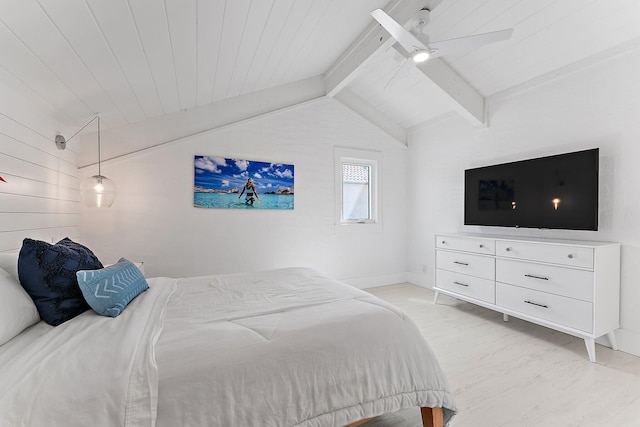 bedroom with lofted ceiling with beams, ceiling fan, wooden ceiling, and light wood-type flooring